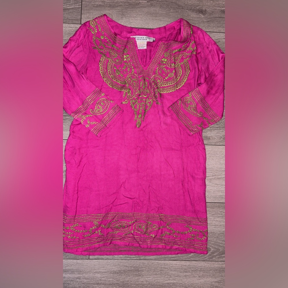 Gretchen Scott Women’s Medium Dress Fuschia Pink W/ Green Accents Vneck 3/4 Sl